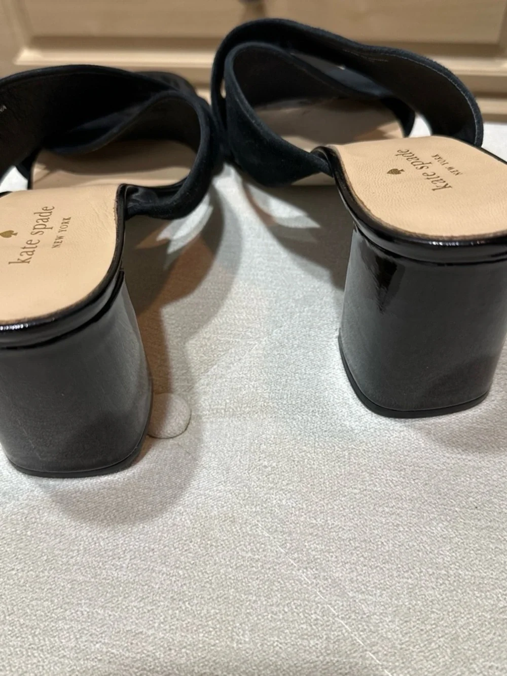 kate spade Black Suede Crisscross Block Heel Mules